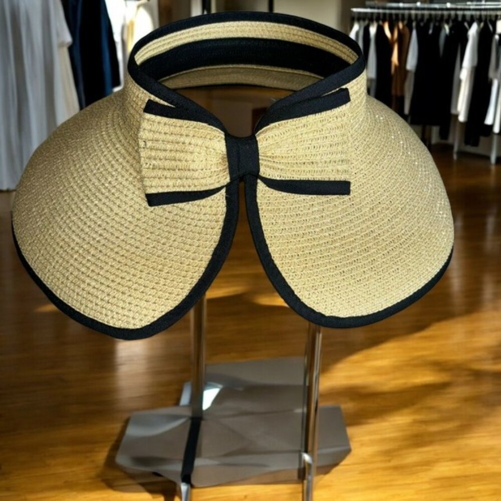 Jacobson Hat - Woven, Open Top, Black Trim, Wide Brim w/Bow Accent Hat/Visor